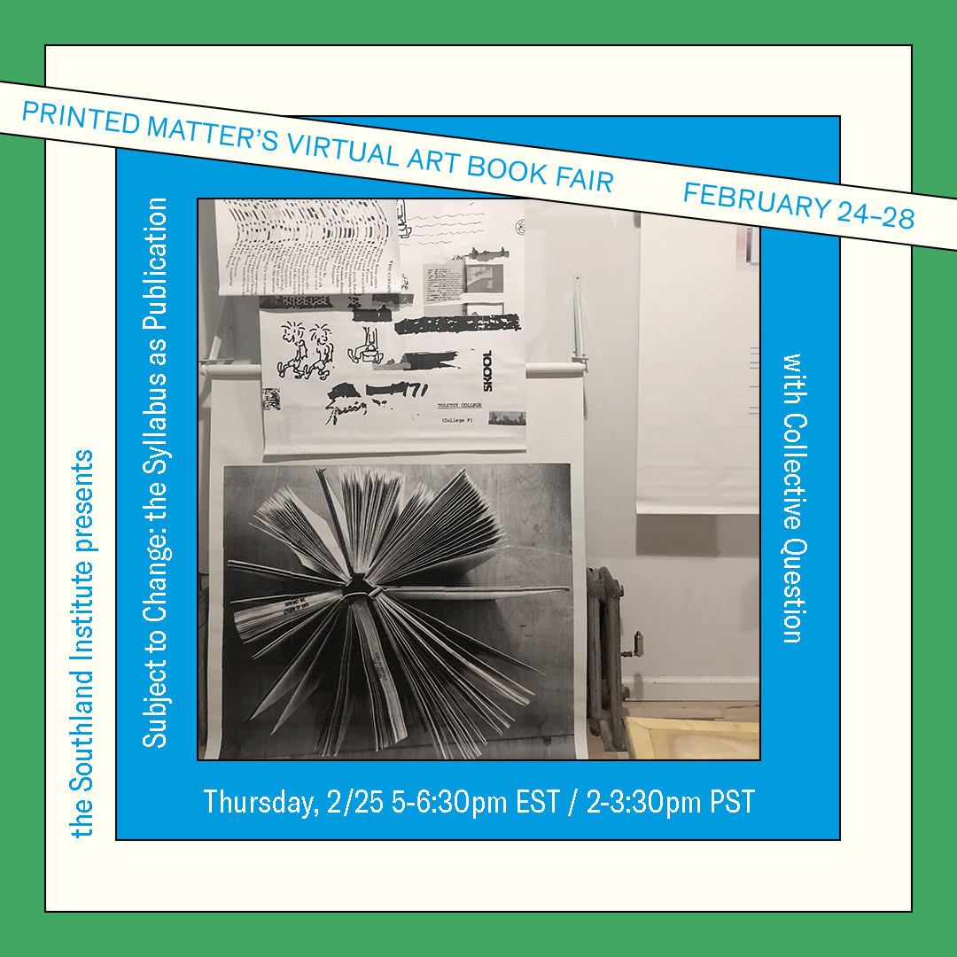 an image in the center of the Printed Matter Virtual Art Book Fair (Feb. 24-28, 2021) template, depicting various prinouts, including an open book standing on its spine, fanned out in a complete circle, with information about the event around the border