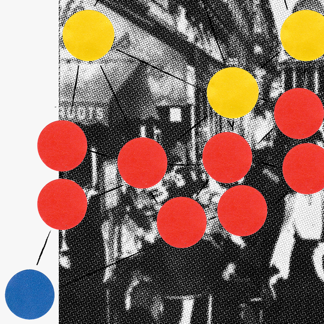 collage image of black and white street scene with connected red, yellow, and blue dots on top of it