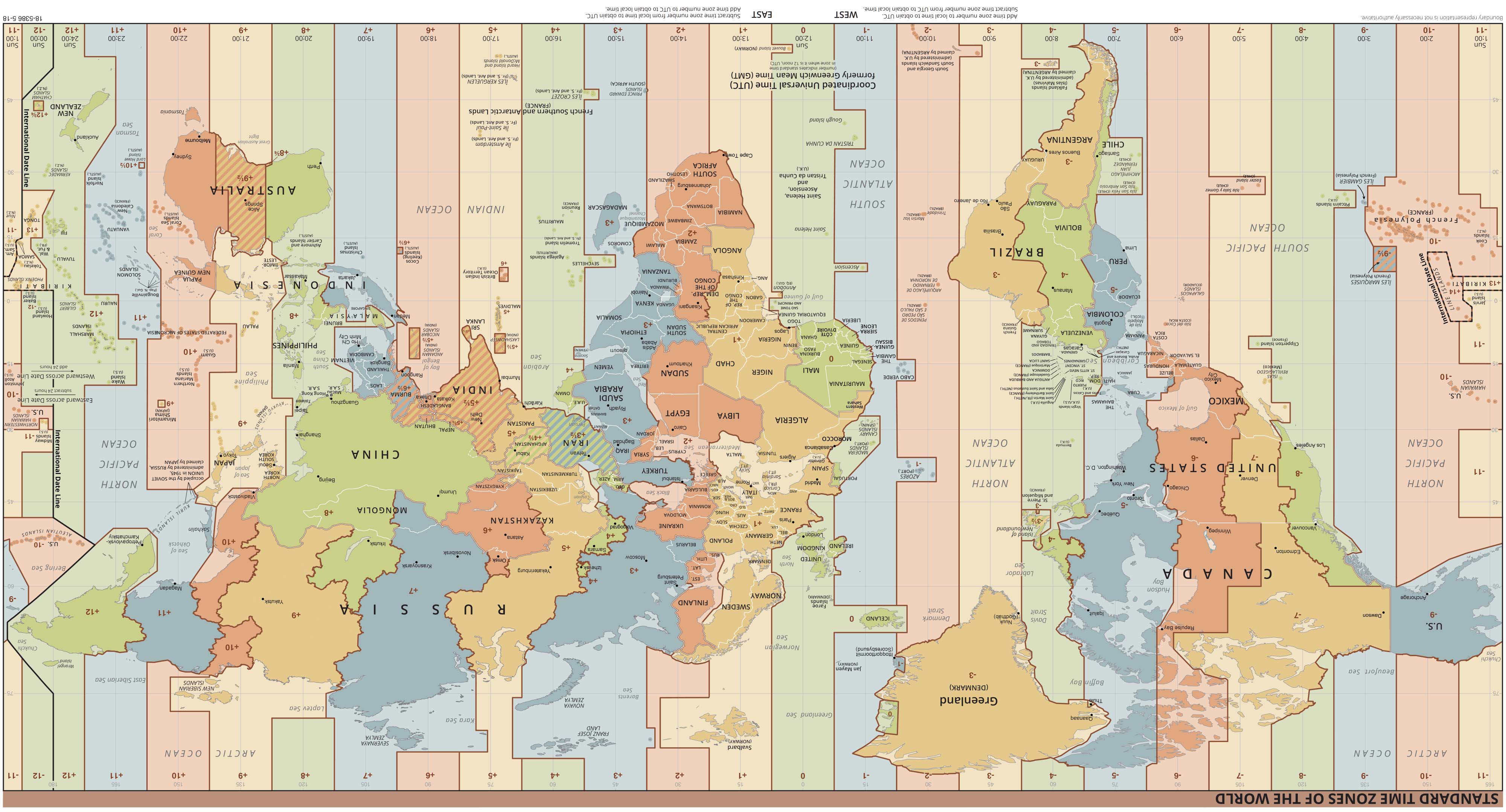 map of the world divided into its different time zone. Entire map appears here upside down