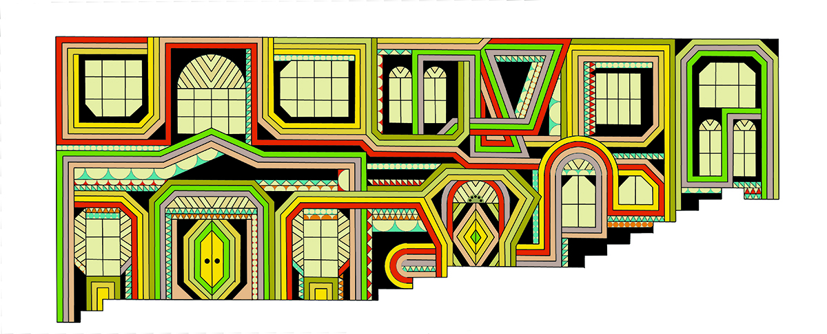 brightly colored drawing that was a proposal for a piece at BAMPFA called Affordable Housing for Trans Elders