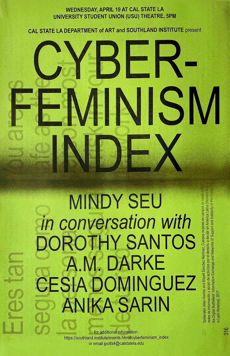 a screenshot of the website tour.cyberfeminismindex.com, which includes an image of the book's cover on the left, alongside a list of West Coast U.S. tour dates on the right, including the details of this event (which are also listed here on this page)